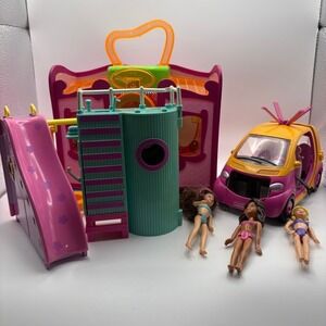 Vtg Polly Pocket Lot 2002 2004 Mattel Car Runway Slide Beach Playsets 3 Dolls